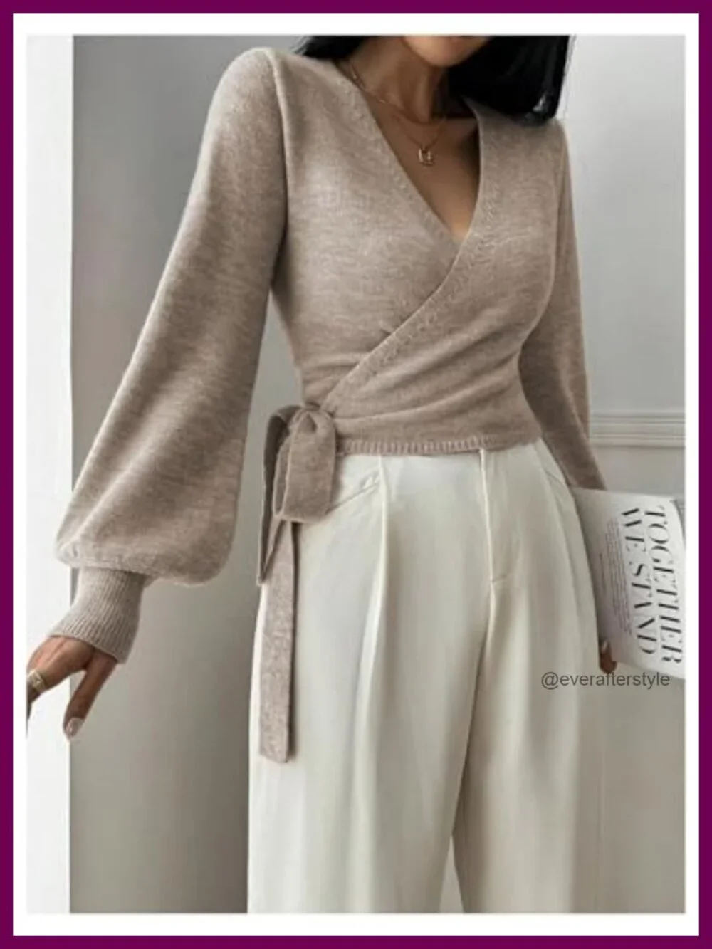 Women's V Neck Cropped Wrap Sweater Bishop Sleeve Knitwear